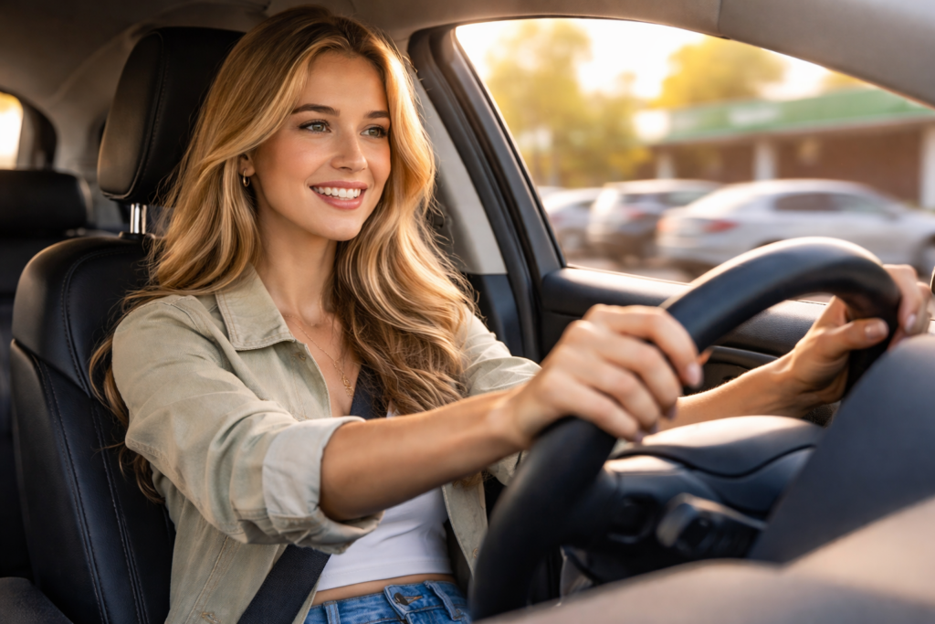 chica conduciendo vehículo de alquiler